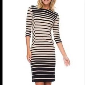 J McLaughlin Sheath Dress Beige Black Striped Crewneck 3/4 Sleeves Stretch XS
